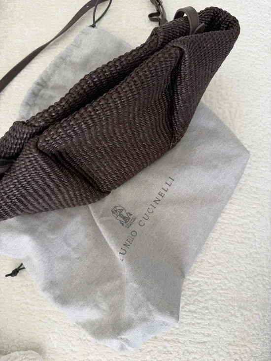 BRUNELLO CUCCINELLI- Brown Pleated Faux Straw Shoulder Bag - Picture 3 of 7